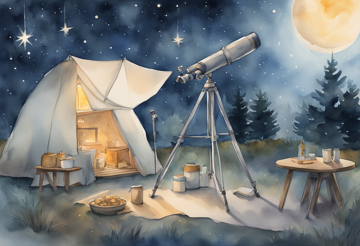 A clear night sky with twinkling stars, a telescope set up on a sturdy tripod, a cozy blanket spread out on the ground, and a small table with hot drinks and snacks