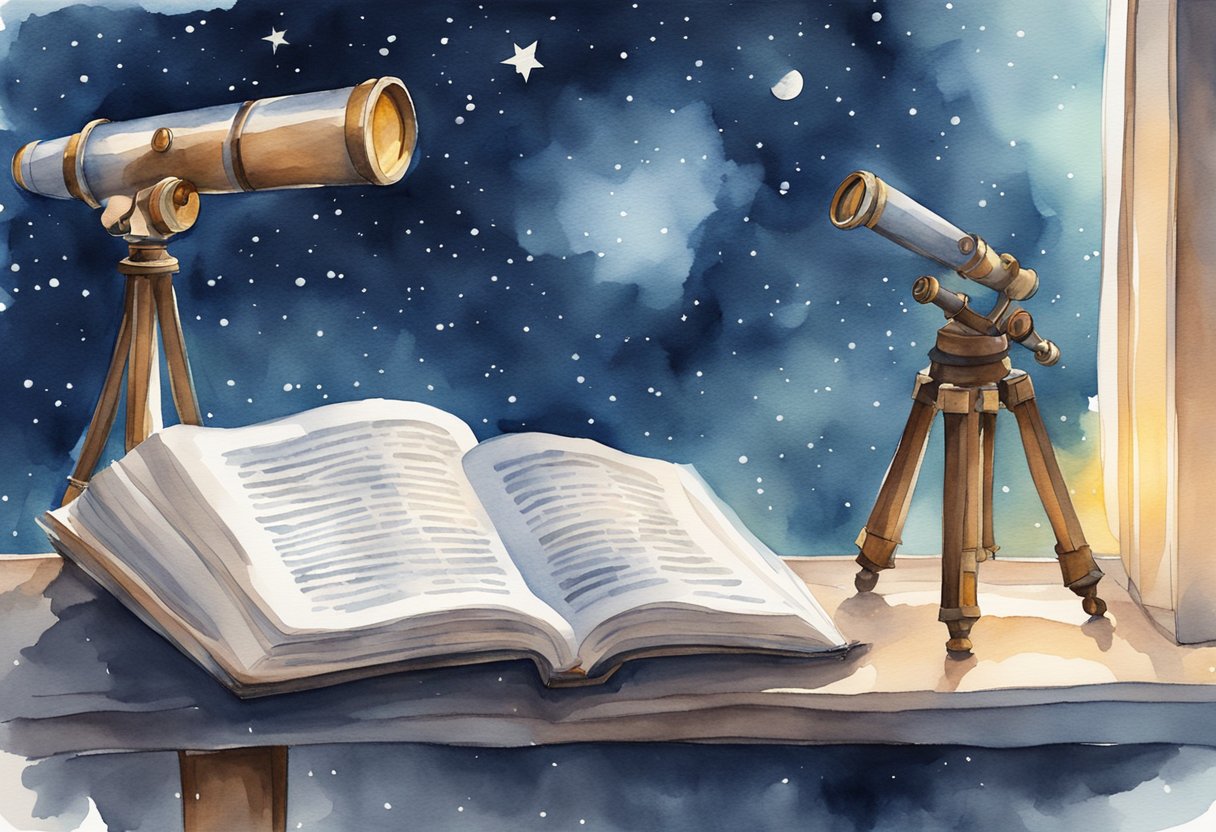 A telescope points towards a starry night sky, with a book on stargazing open nearby. A cozy blanket and hot drink sit beside the observer