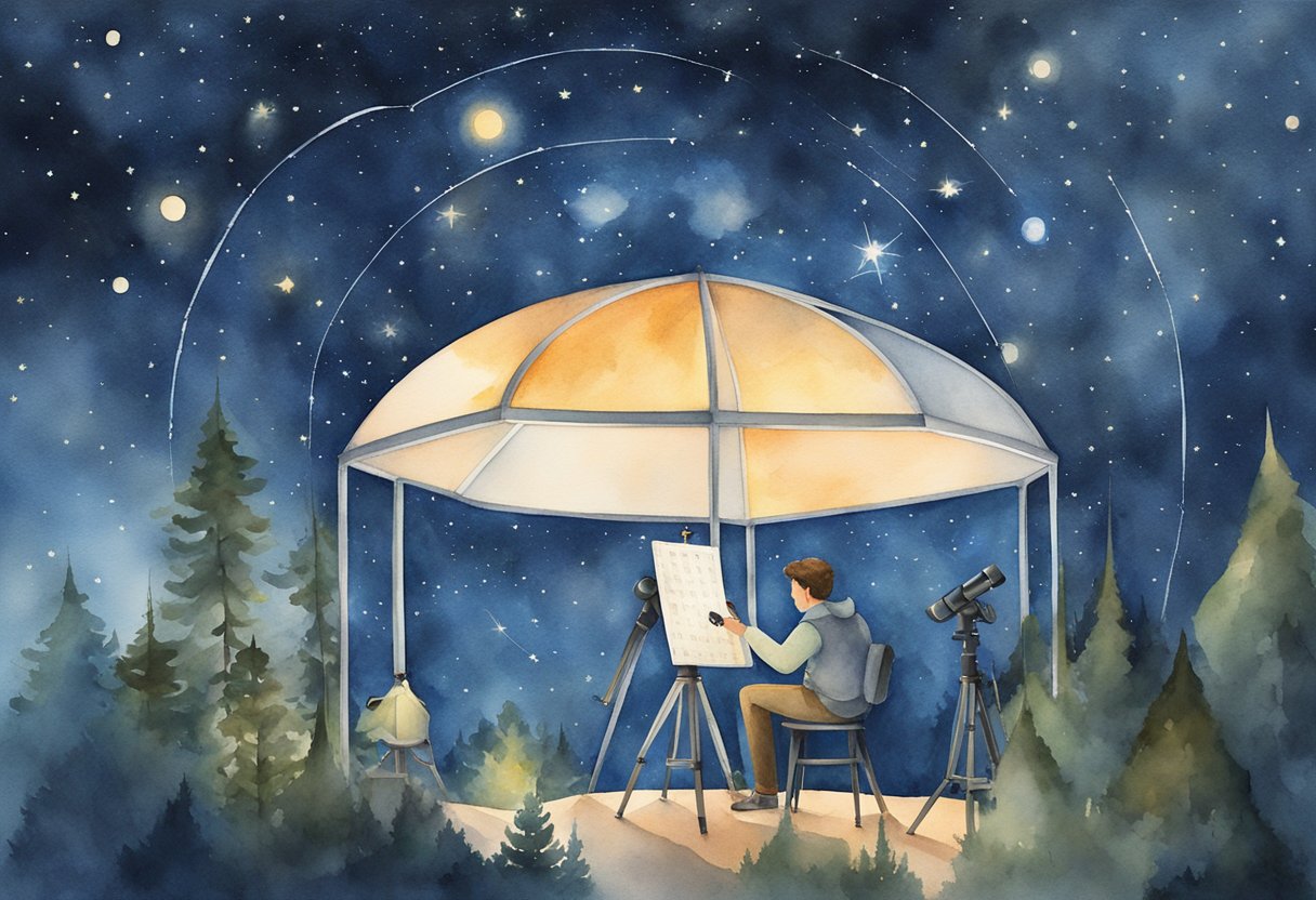 A person using a star map and a stargazing app to navigate the night sky, surrounded by telescopes and binoculars under a canopy of stars