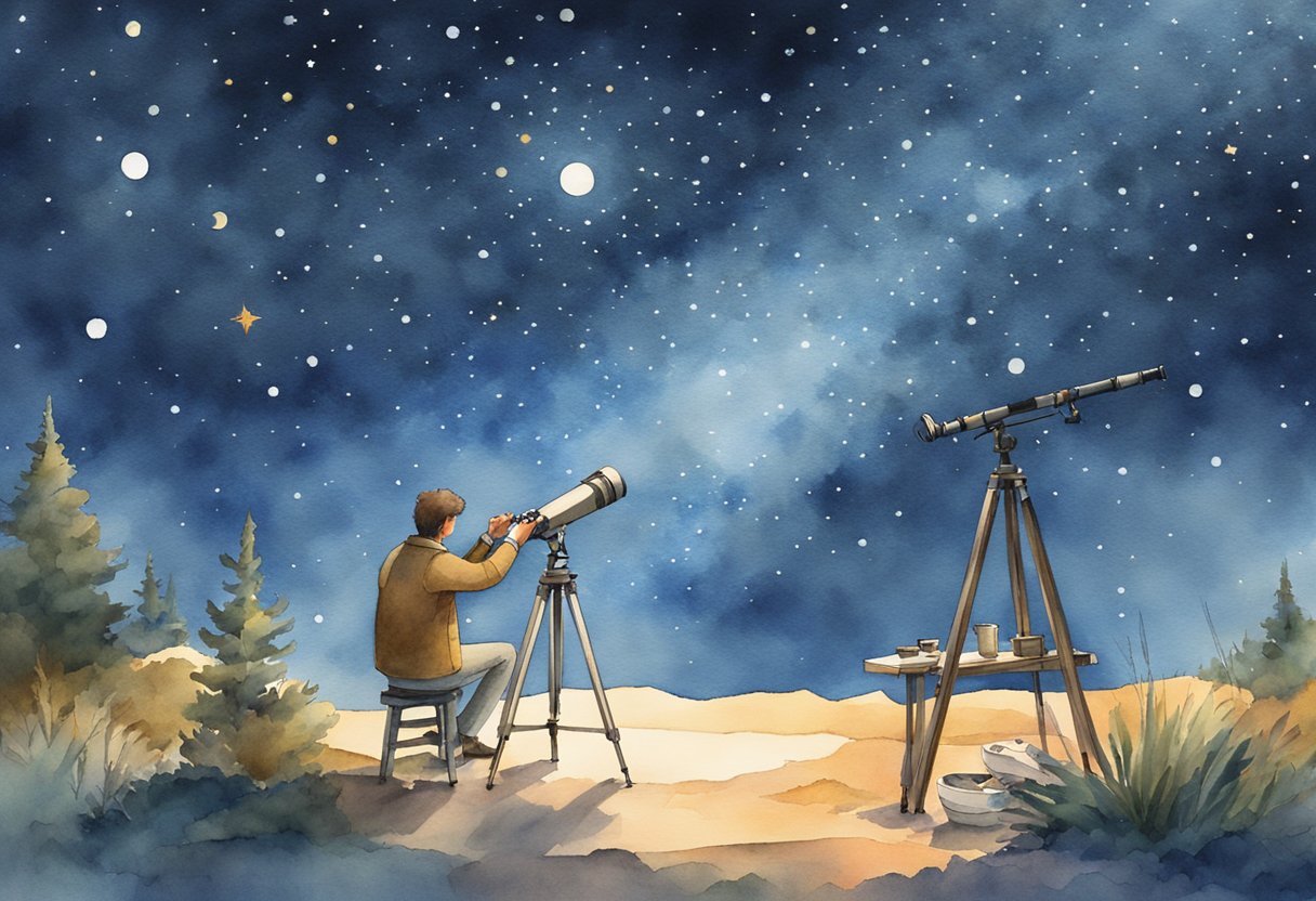 A person setting up a telescope on a clear, starry night. They are surrounded by various stargazing equipment such as binoculars, star charts, and a comfortable chair. The sky is filled with twinkling stars and maybe even a shooting