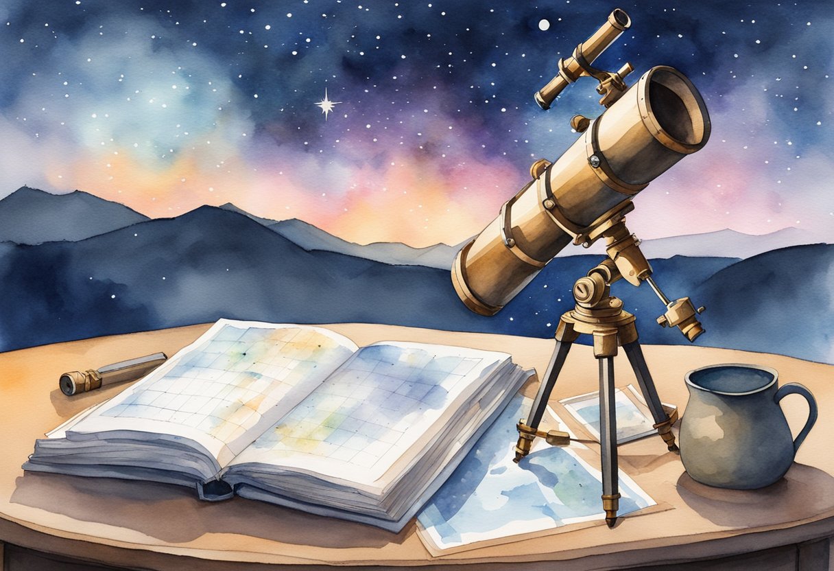 A telescope on a tripod points towards a clear night sky. A star chart and guidebook lie open on a nearby table