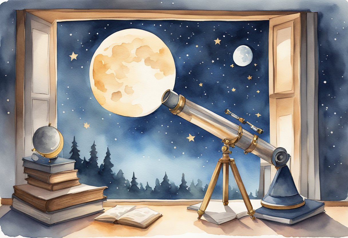 A telescope pointed at a starry sky, with a book on astronomy beside it. The moon and constellations are visible in the background