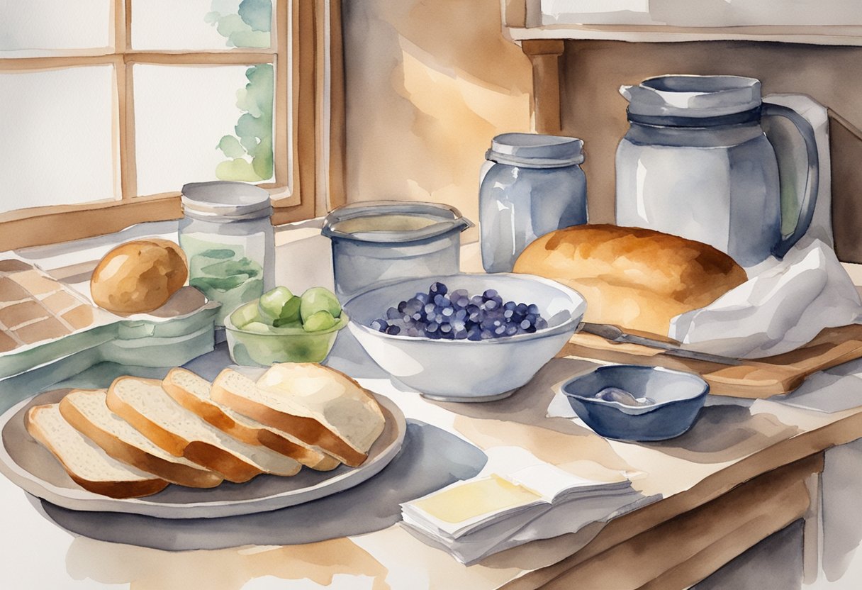 A kitchen counter with ingredients, utensils, and a recipe book open to a page on breadmaking. A loaf of freshly baked bread sits on a cooling rack in the background