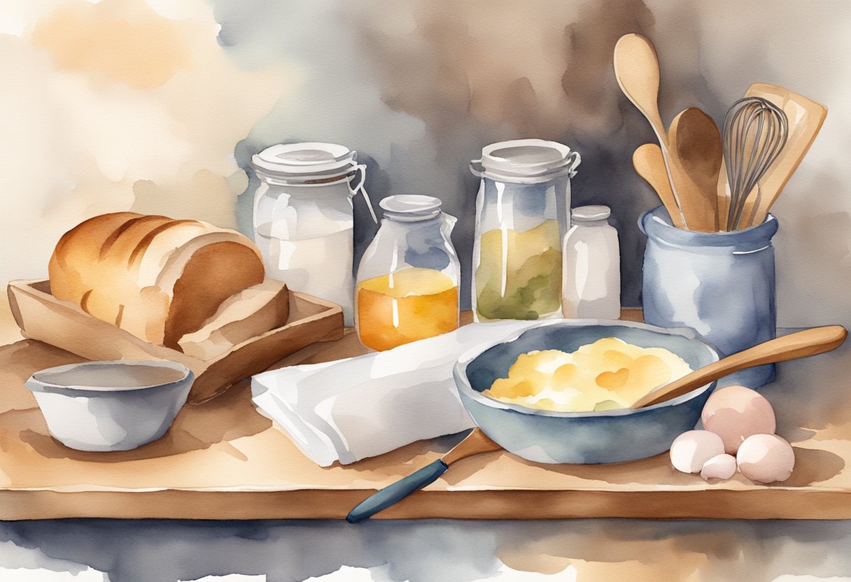 A kitchen counter with various ingredients, utensils, and a bread recipe book open to a page titled "Customizing Your Breads: Beginner's Guide to Breadmaking as a Hobby."