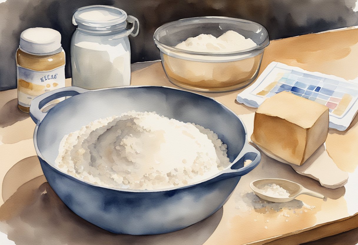 A kitchen counter with flour, yeast, and a mixing bowl. A recipe book open to a page on breadmaking. A rolling pin and measuring cups nearby