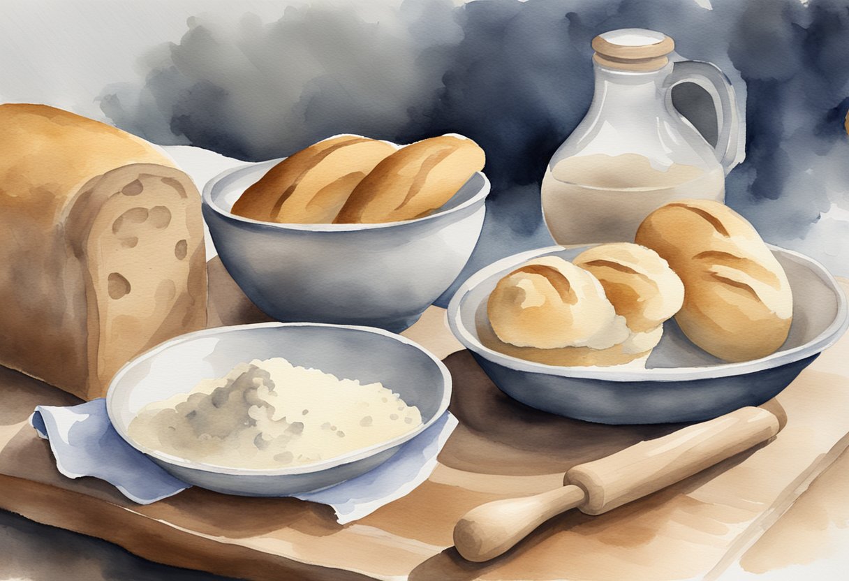 A wooden table with flour, yeast, and a mixing bowl. A rolling pin, dough, and a bread loaf in the background