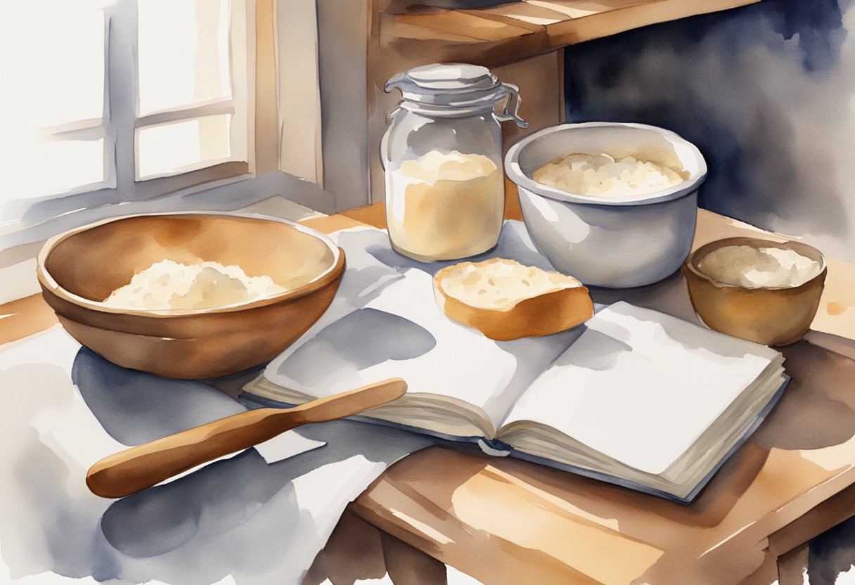 A kitchen counter with flour, yeast, and a mixing bowl. A recipe book open to a bread recipe. A warm, cozy atmosphere with natural light