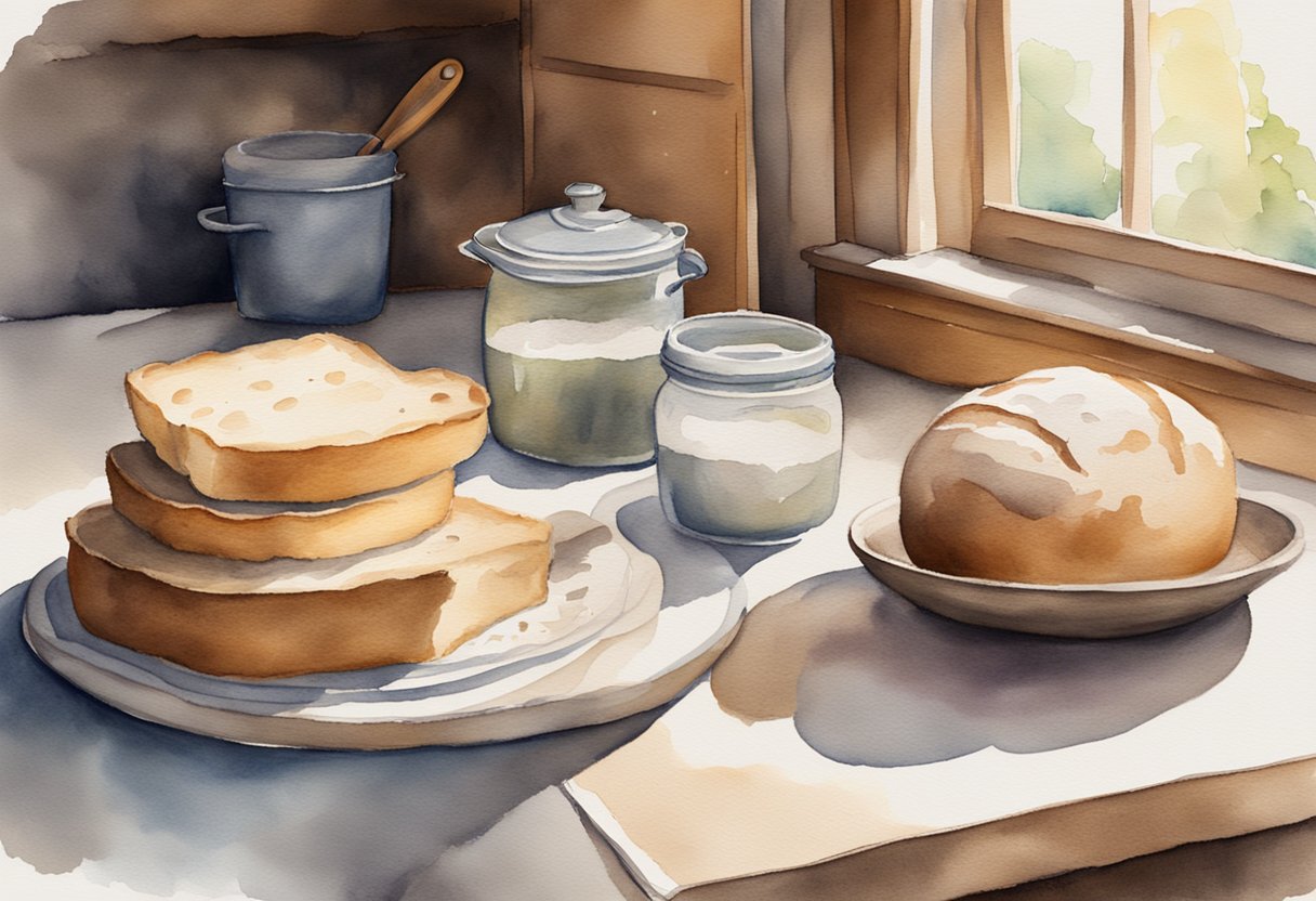 A rustic kitchen table with a flour-dusted surface, a bowl of bubbling sourdough starter, a stack of bread-making books, and a wooden rolling pin