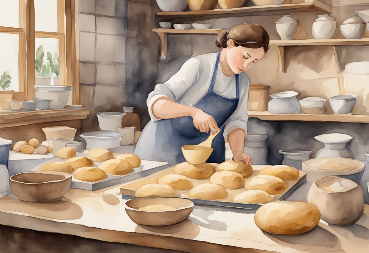 A baker expertly kneads dough, shaping it into intricate loaves. Various tools and ingredients are neatly arranged on a countertop, while a warm oven hums in the background