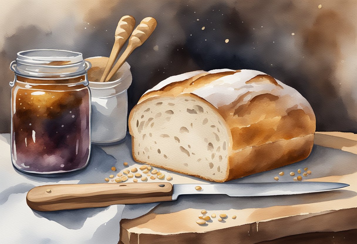 A freshly baked loaf of bread sits on a rustic wooden cutting board, surrounded by scattered flour and a few loose grains of wheat. A small knife and a jar of homemade jam are nearby, ready for the finishing touches and presentation