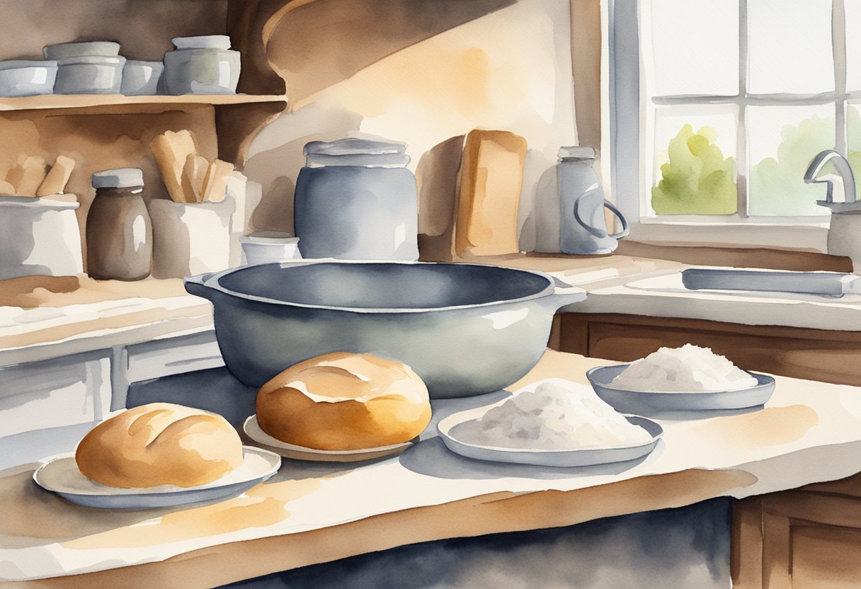 A kitchen counter with flour, yeast, and a mixing bowl. A rolling pin, dough, and a loaf pan nearby. A warm oven in the background