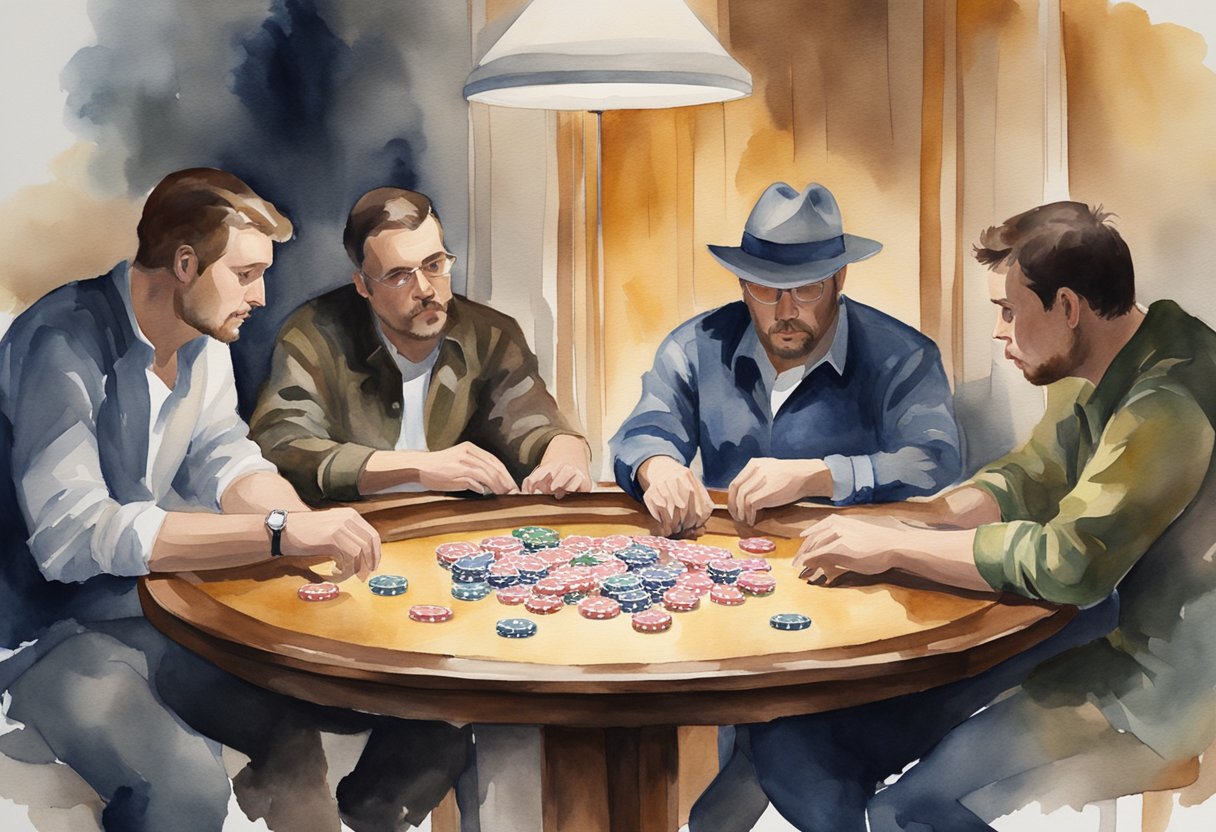 Players gather around a table with poker chips and cards. One player shuffles while others eagerly anticipate the game. The tension is palpable as they prepare to begin their Texas Hold'em poker game