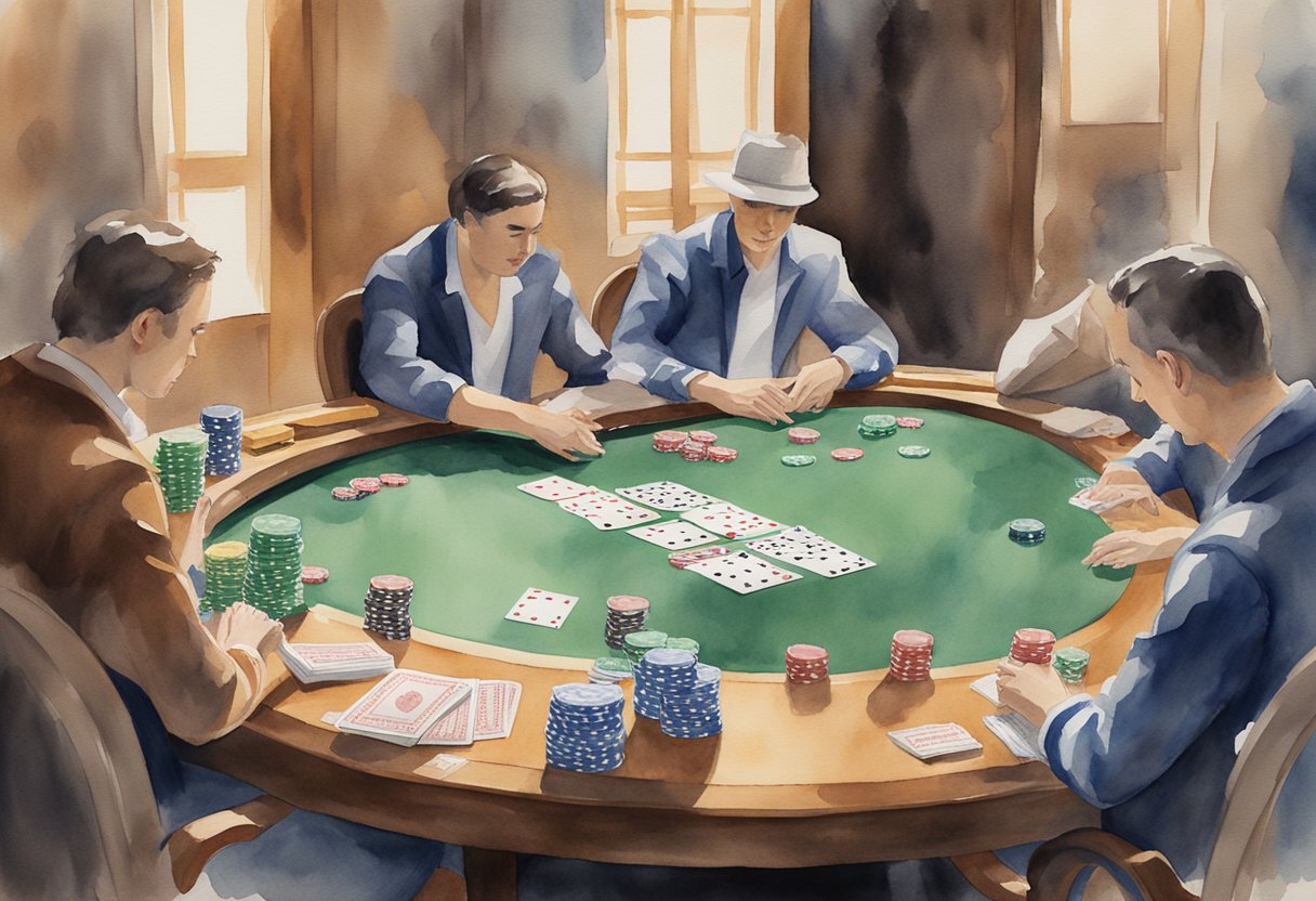 A poker table with cards, chips, and a rule book. A beginner player looks at the guide while others play