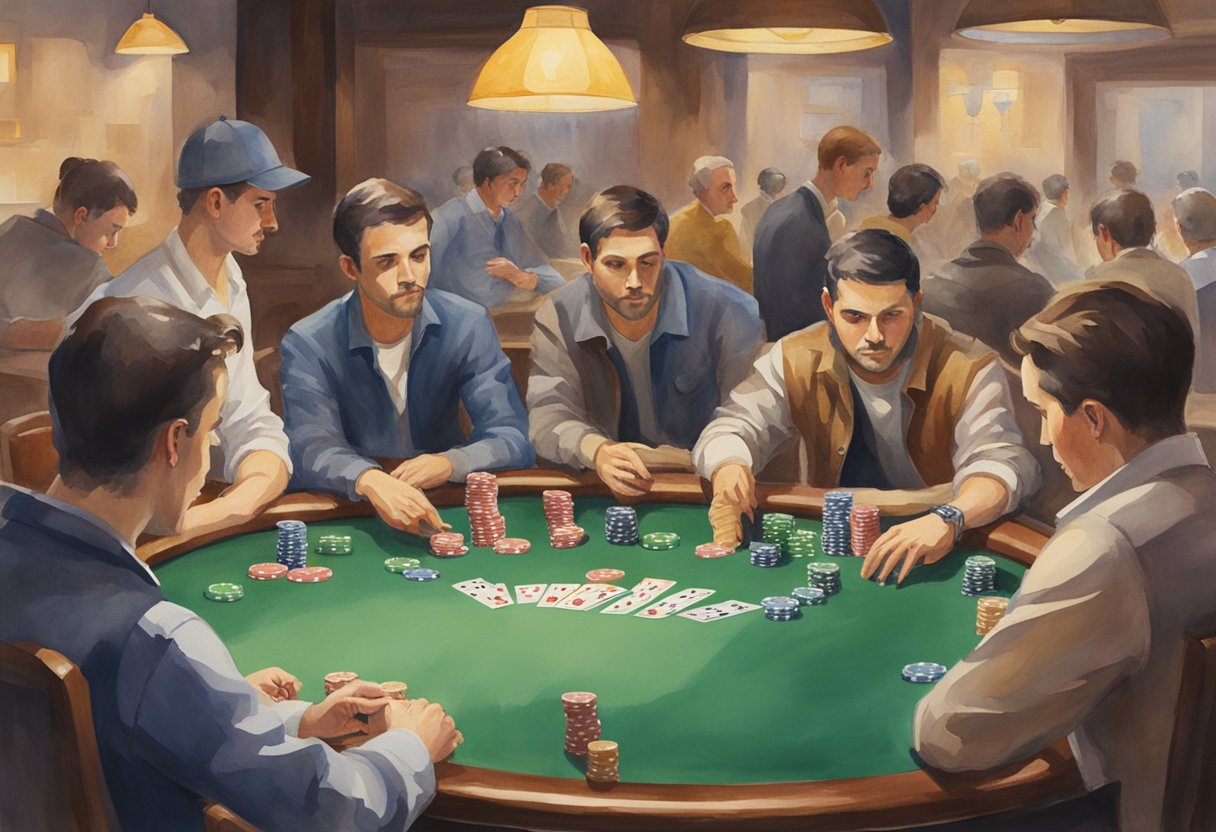 A group of players sit around a poker table, chips stacked neatly in front of them. One player shuffles cards while others watch attentively. Rules and etiquette posters adorn the walls