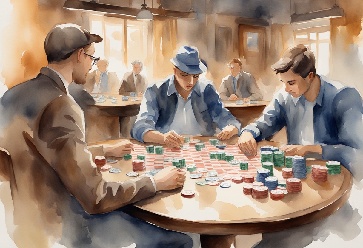 A poker table with cards, chips, and a dealer's button. Players in various positions around the table, focused on the game. A guidebook on the basics of poker open on the table