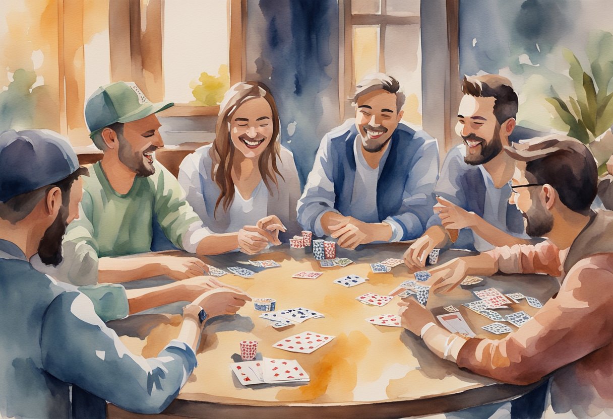 A group of friends gathers around a table, chips and cards scattered. Laughter fills the air as they strategize and bluff, enjoying their poker hobby