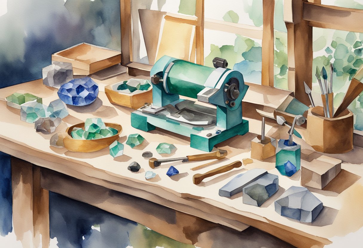 A workbench with a faceting machine, gemstone rough, and various lapidary tools. A book titled "Introduction to Faceting Beginner's Guide to Lapidary as a Hobby" is open on the table