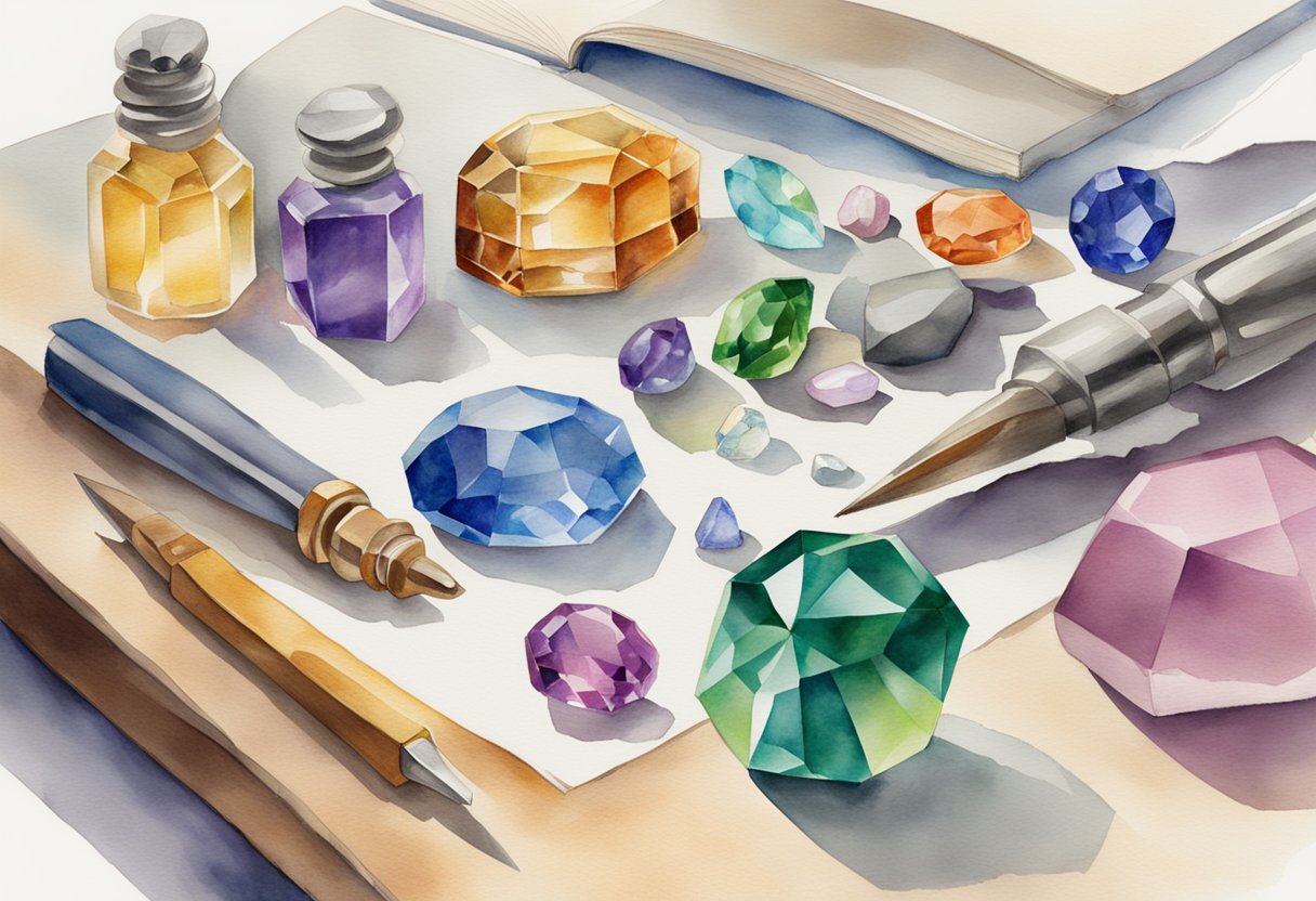 A table with various cutting and polishing tools, a selection of colorful gemstones, and a book titled "Frequently Asked Questions Beginner's Guide to Lapidary as a Hobby" open to a page with diagrams and instructions