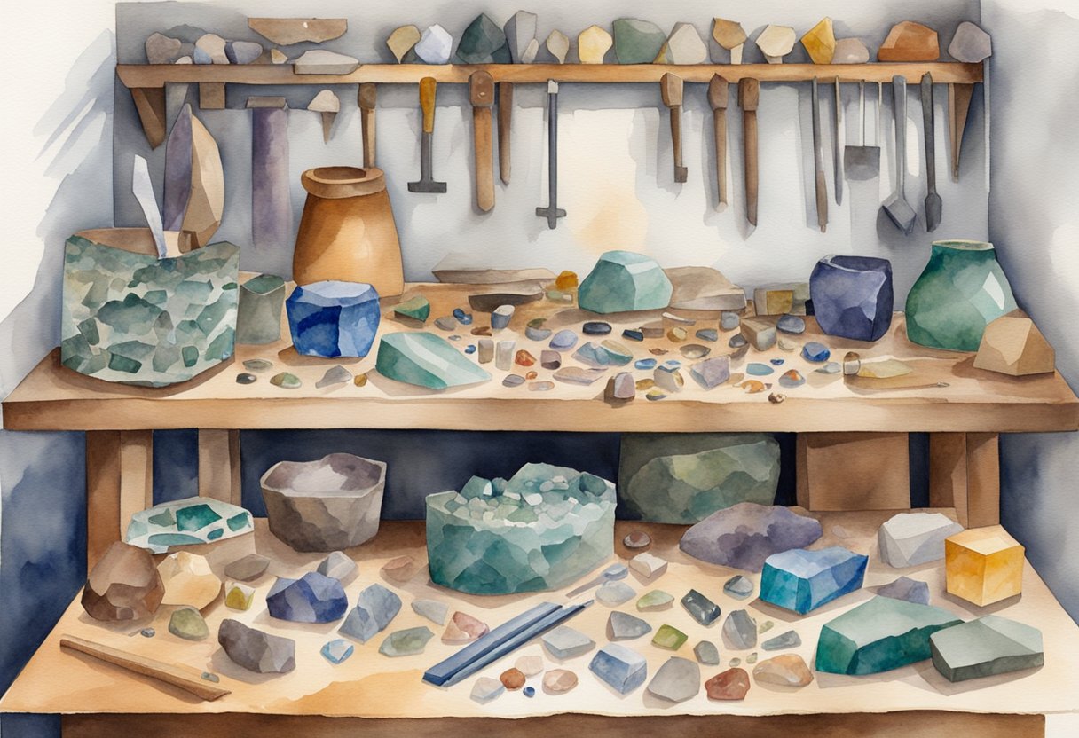 A workbench with various lapidary tools laid out, including saws, grinders, and polishers. A collection of rough gemstones and minerals scattered around, with a guidebook open to a beginner's section