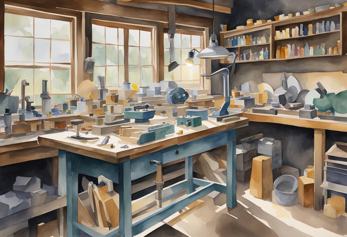 A workbench cluttered with various lapidary equipment, including saws, grinders, and polishers. Bright overhead lighting illuminates the workspace, casting sharp shadows on the tools and supplies