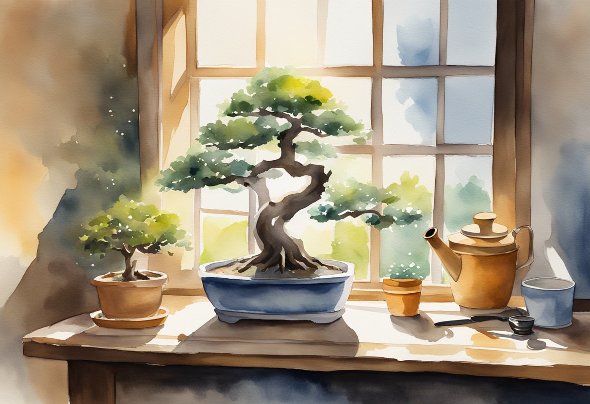 A bonsai tree sits on a wooden table, surrounded by small tools, a watering can, and a beginner's guide book. Sunlight streams through a nearby window, casting a warm glow on the scene