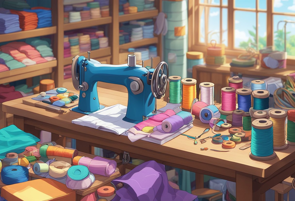 A table cluttered with fabric, sewing supplies, and a pattern book. A sewing machine sits in the background, surrounded by colorful spools of thread