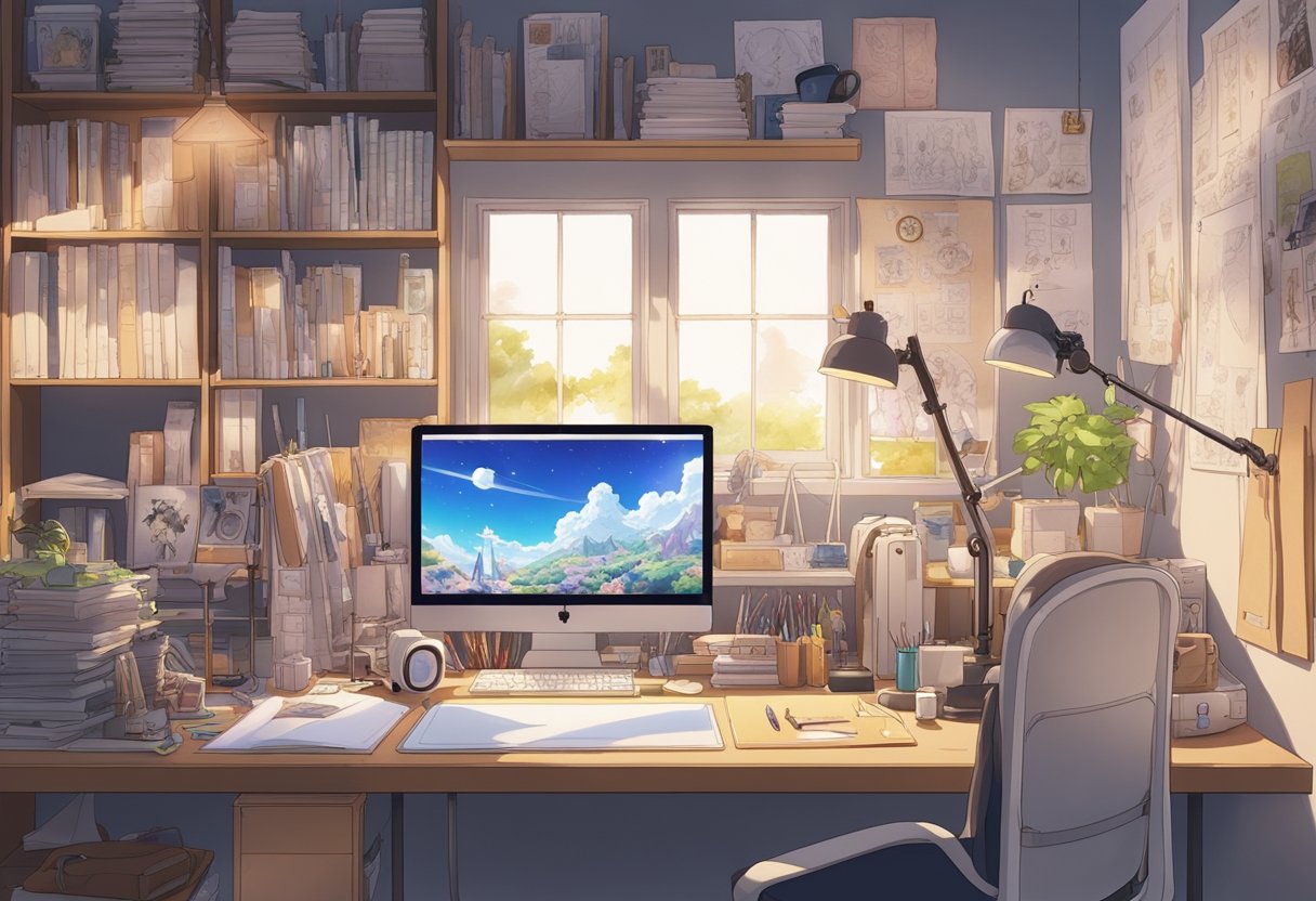A cluttered desk with cosplay materials, sewing machine, and reference books. A mood board with costume sketches and inspirational images. Bright lighting and a comfortable chair for long hours of crafting