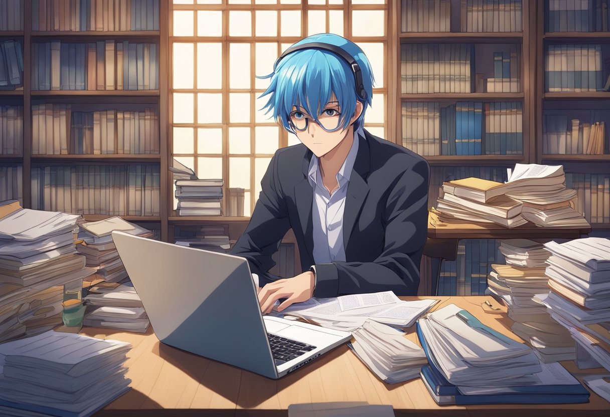 A cosplayer researching legal and copyright issues, surrounded by books, a laptop, and legal documents