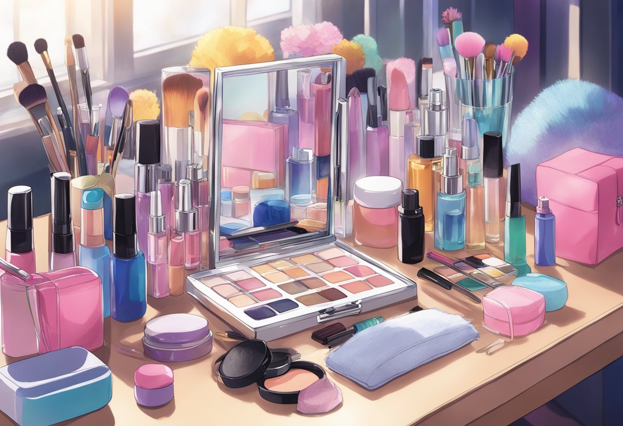 A table with various makeup and hair products, a mirror, and a beginner's guide book on cosplay
