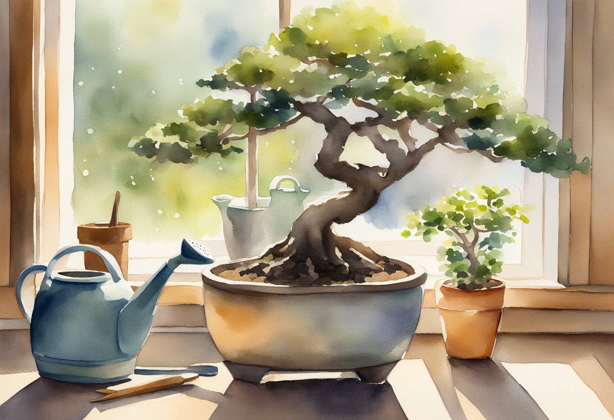 A small bonsai tree sits on a wooden table, surrounded by miniature gardening tools and a watering can. Soft sunlight filters through a nearby window, casting a warm glow on the peaceful scene