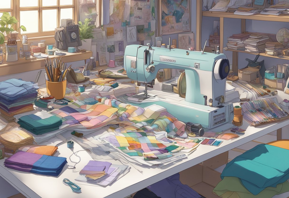 A cluttered work table with various sewing materials, fabric swatches, and reference images scattered around. A sewing machine and mannequin stand in the background, while a sketchbook with costume designs lies open in the foreground