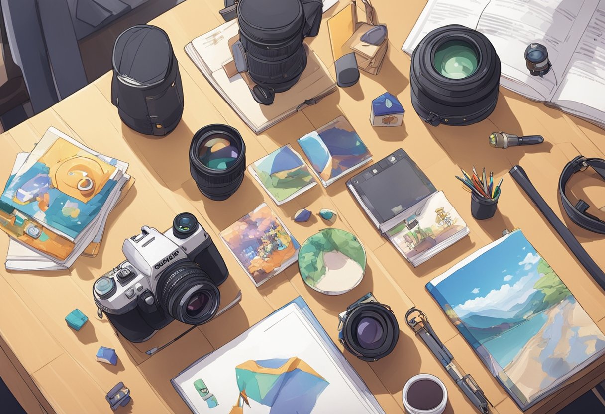 A table with a camera, tripod, and cosplay props arranged neatly. A book titled "Photography and Posing Beginner's Guide to Cosplay as a Hobby" is open to a page with posing tips