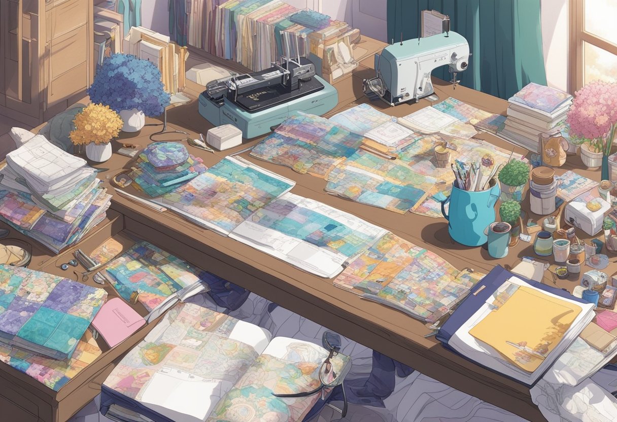A table covered in cosplay materials: fabric, patterns, sewing machine, and reference books. A mood board with character images and inspirational quotes