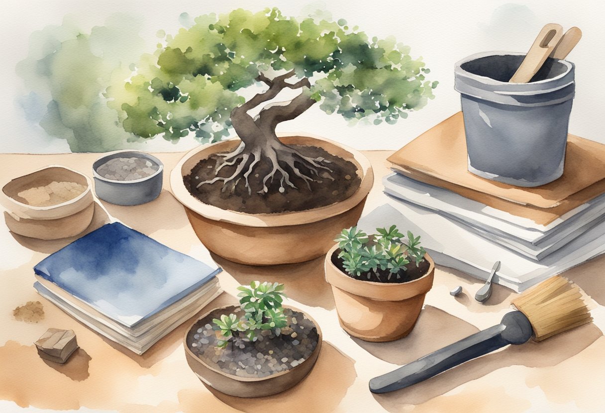 A hand holding a small bonsai tree over a table, with scattered soil, pots, and gardening tools. A bag of specialized soil mix and a repotting guide book are also present
