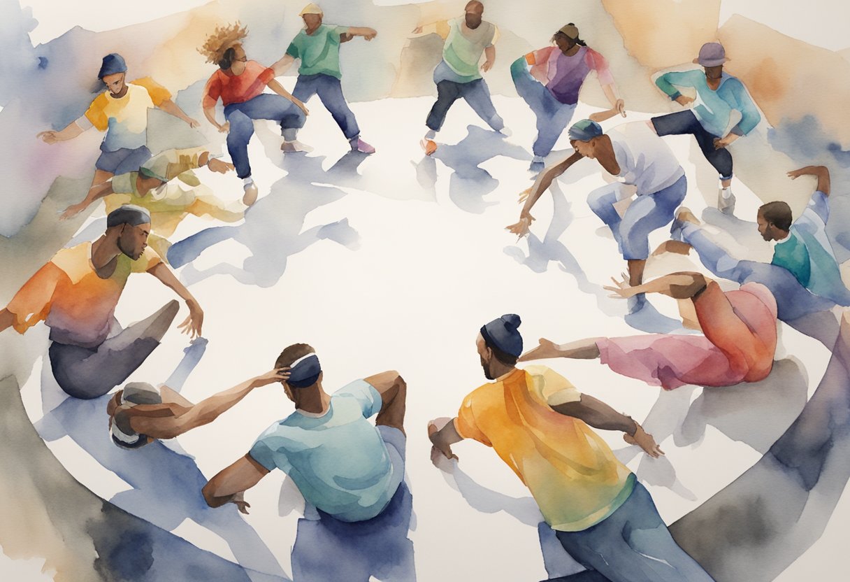 A group of breakdancers gather in a circle, showcasing various moves like windmills, headspins, and freezes. The energy is high as they practice their craft