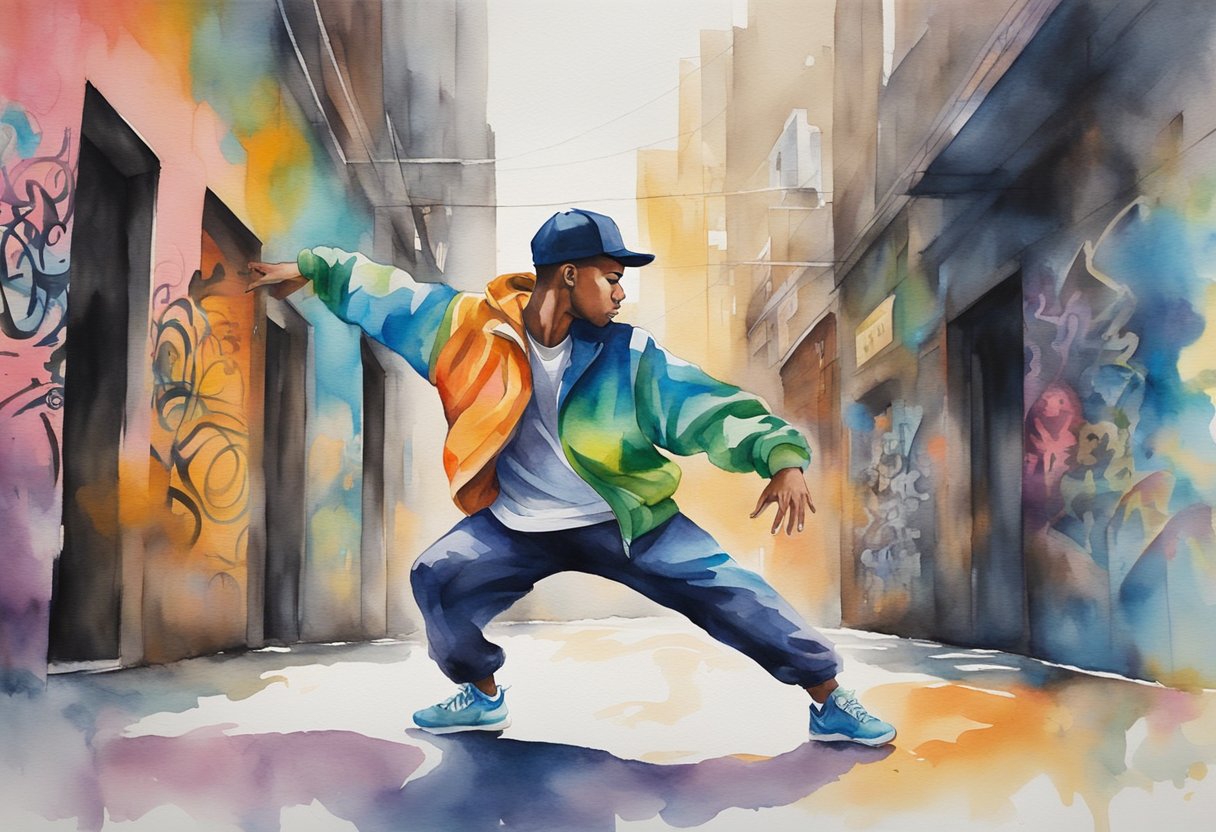 A breakdancer practices in a vibrant, urban setting, surrounded by graffiti-covered walls and pulsing music. The dancer's body moves fluidly, executing impressive spins and freezes with precision and confidence