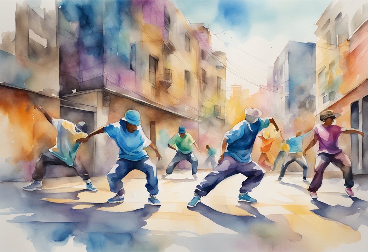 A group of breakdancers practicing power moves and freezes in a spacious, graffiti-covered urban setting, with vibrant colors and dynamic energy