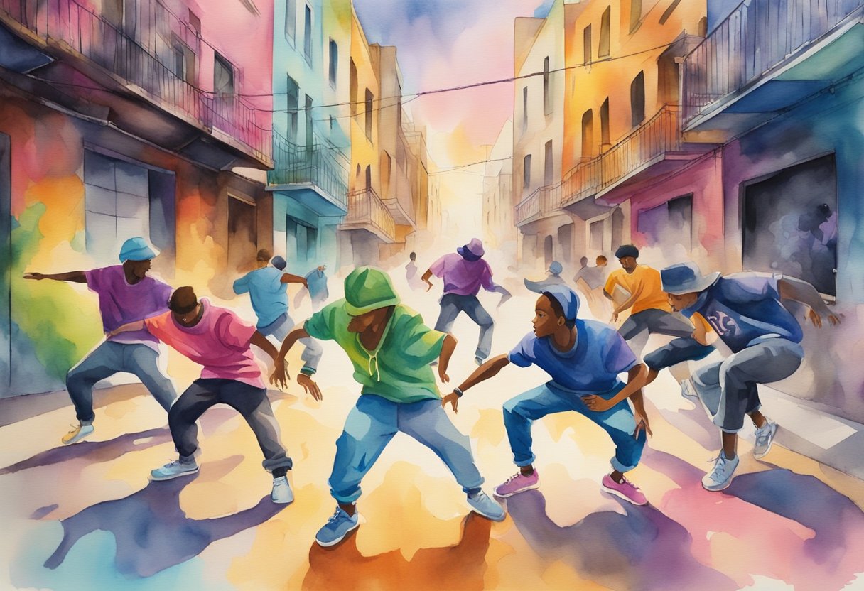 A group of breakdancers practice their moves in a graffiti-filled urban alleyway, surrounded by colorful street art and pulsing with energetic music