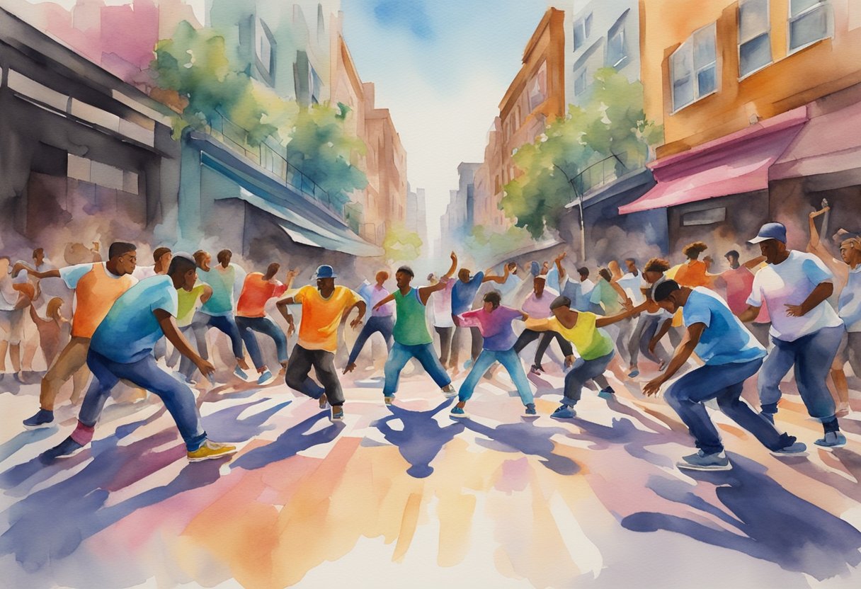 A group of breakdancers form a circle on a vibrant, graffiti-covered urban street. They showcase their skills with dynamic spins, flips, and freezes, while a crowd of onlookers cheers and claps