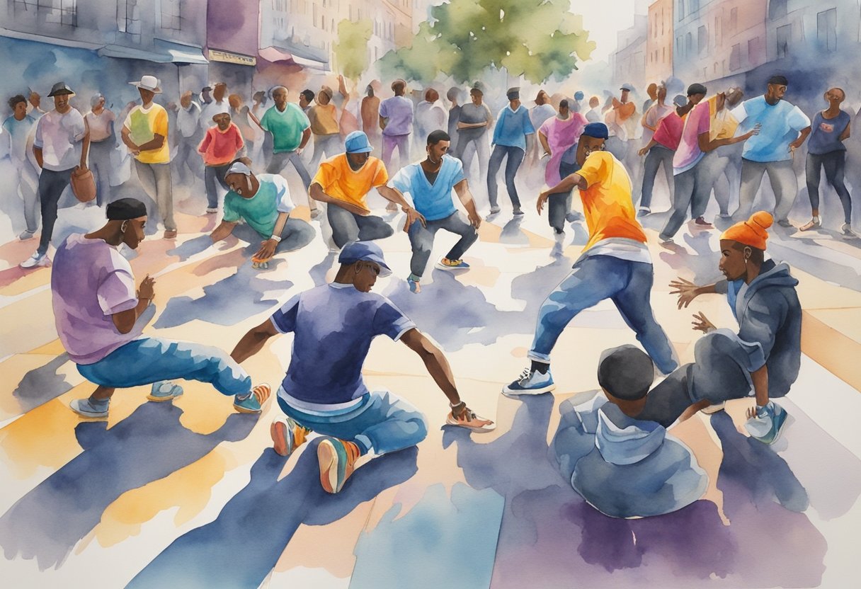 A group of breakdancers form a circle on the pavement, surrounded by onlookers. Bright graffiti covers the walls, and the sound of hip-hop music fills the air. The dancers showcase their skills with spins, flips, and intricate footwork
