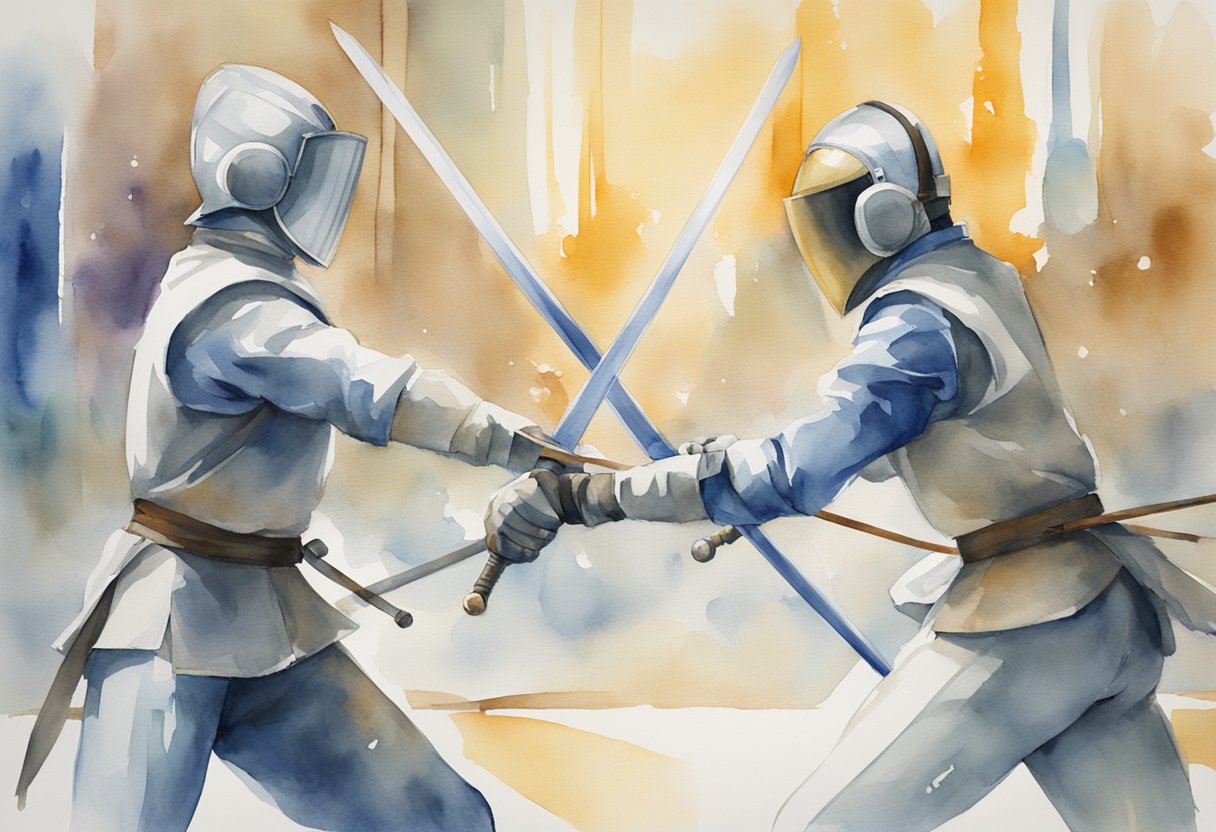 Two fencers face each other on a strip, wearing protective gear. The room is filled with the sound of clashing swords as they engage in a friendly duel