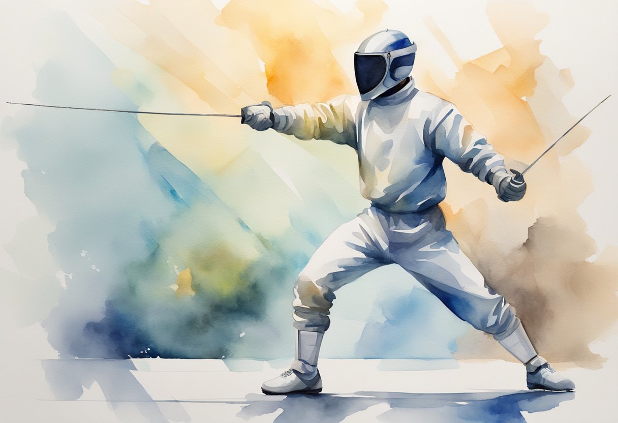 A fencer stands in a dynamic pose, holding a foil. Various fencing equipment and safety gear are displayed in the background