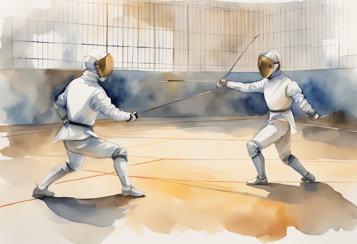 Two fencers in en garde position, lunging and parrying with foils. Coach giving instructions in a fencing salle with protective gear and target area markings