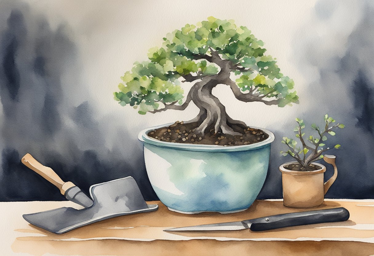 A small bonsai tree sits on a wooden table, surrounded by pruning shears, a watering can, and a bag of specialized soil. The tree is carefully shaped and cared for, with tiny leaves and intricate branches