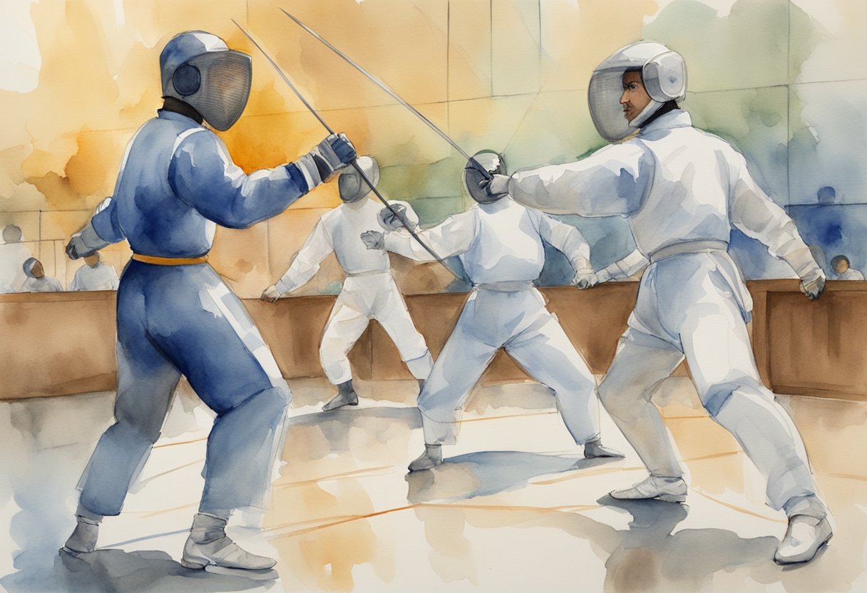 Two fencers engage in a bout, wearing protective gear and holding their foils. The instructor observes their form and technique, while other beginners watch from the sidelines
