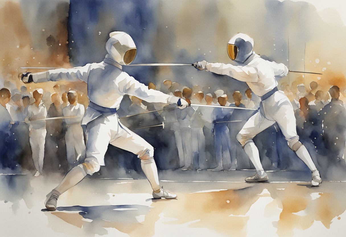 Fencers face off on a strip, brandishing their foils. The crowd watches as the competitors lunge and parry, their movements precise and calculated. The atmosphere is charged with intensity and focus