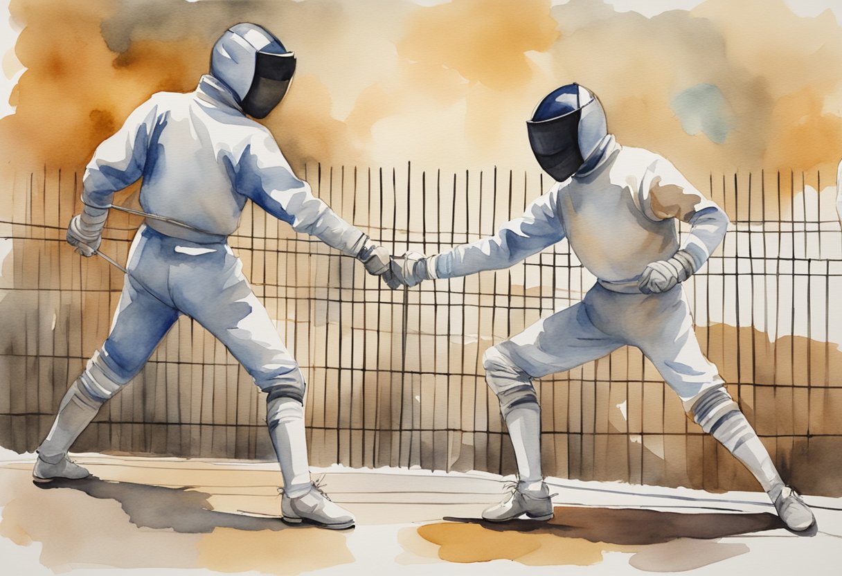 Two fencers in en garde position, facing each other on a fencing piste, with masks and foils in hand, ready to engage in a bout