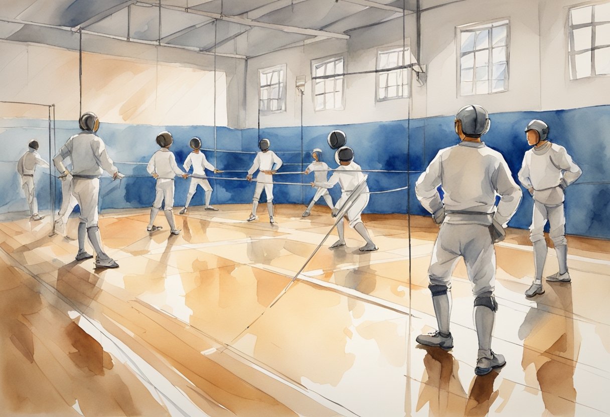Fencers practice footwork and drills in a well-lit gym, surrounded by fencing equipment and mirrors. A coach provides instruction while beginners observe and learn