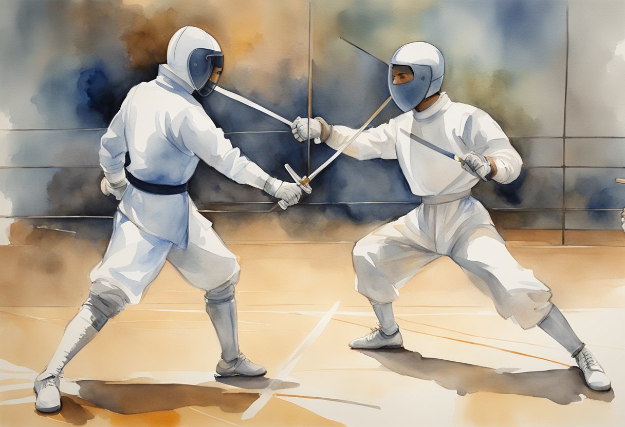 Two fencers face each other on a strip, wearing protective gear. The coach stands nearby, giving instructions. The room is filled with the sound of clashing swords and the energy of the athletes
