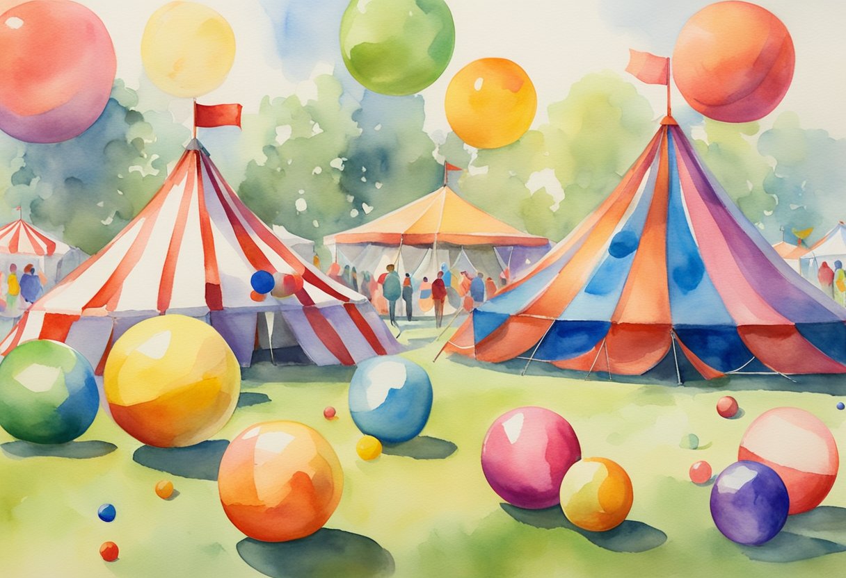 A colorful assortment of juggling balls and clubs scattered on the ground, with a vibrant backdrop of a sunny park or circus tent